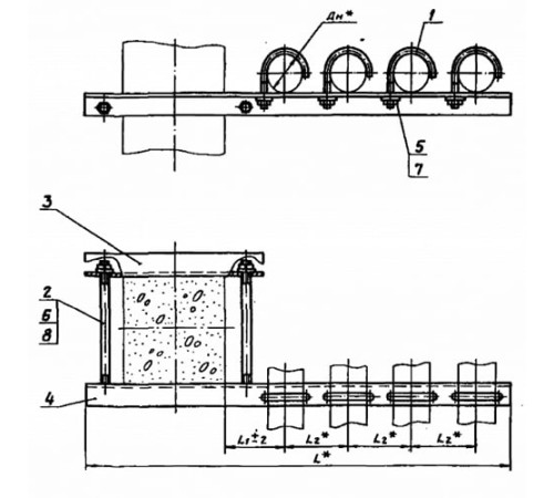 Крепления четырёх трубопроводов к ж/б колоннам в Бресте