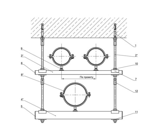Крепления нескольких трубопроводов к перекрытию в Бресте